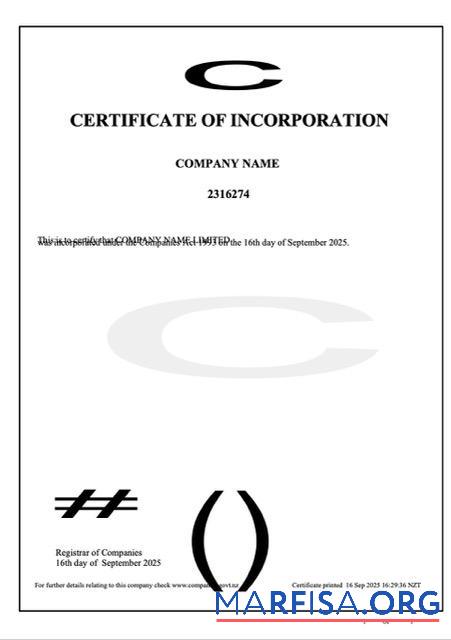 Downloadable New Zealand certificate of incorporation Word and PDF template, version 2